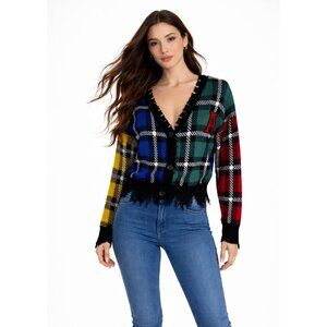 90s Plaid Distressed Runway 7 Sweater Cardigan Size M Grunge Y2K Vintage Vibe